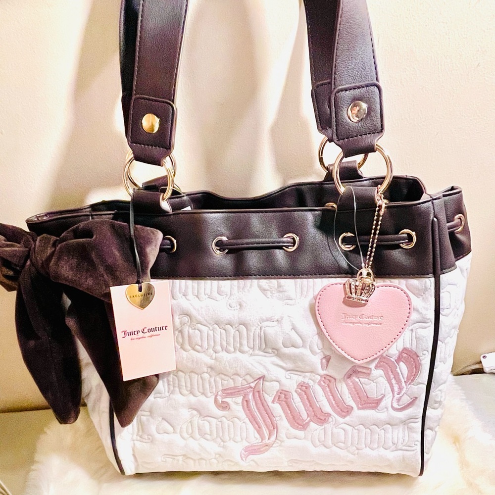 Juicy Couture White Dreamer Quilted Tote with Pink Heart Charm and Brown Trim